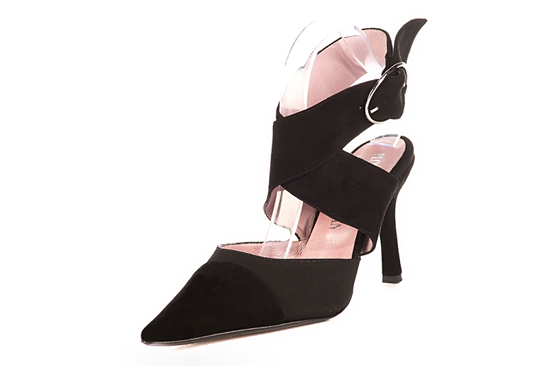 Matt black women's open back shoes, with crossed straps. Pointed toe. Very high slim heel. Front view - Florence KOOIJMAN